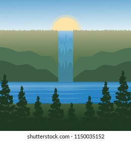 Wild nature landscape vector background. Beautiful geometric illustration. Realistic vector illustration view of nature landscape with forest, mountains,river/lake, pines, sunrise, waterfall.