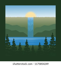 Wild nature landscape vector concept logo web design. Realistic vector illustration view of nature landscape with forest, mountains,river/lake, pines, sunrise, waterfall.