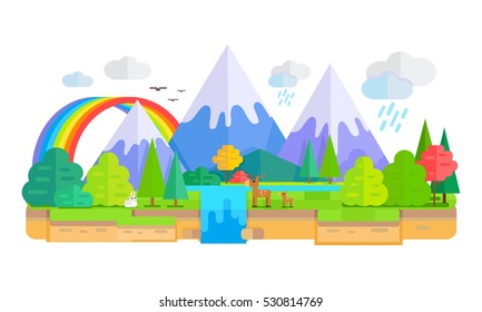 Wild Nature landscape vector. Flat style. Illustration with snow-capped peaks, animals, trees, waterfall, rainbow, clouds. Banner for environmental, ecological concepts and web page design.  