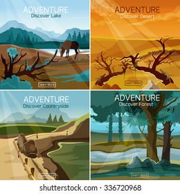 Wild nature landscapes 4 flat icons composition banner set with countryside forest lake abstract isolated vector illustration