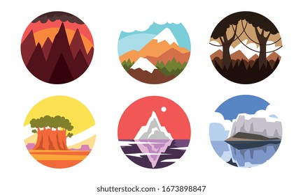 Wild Nature Landscapes in Circles Collection, Beautiful Sceneries at Different Times of Day Vector Illustration