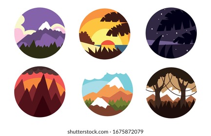 Wild Nature Landscapes in Circles Collection, Mountain and Forest Sceneries at Different Times of Day Vector Illustration