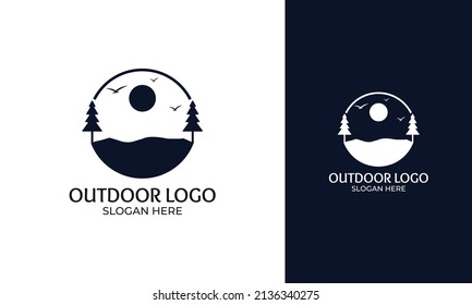 Wild Nature Logo Design. Forest With Pine Tree And Hill Concept. Sun Or Moon And Bird Icon