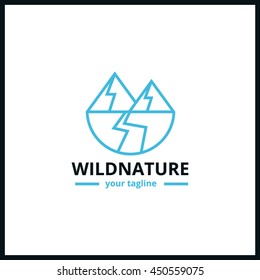 Wild nature minimal logo. Nature sign and mark. Mountains and river line logo. 