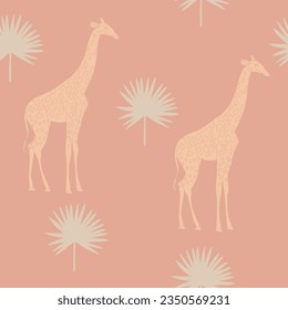 Wild nature pattern vector. Pastel  Boho botanical palm leaves and giraffe design for home decor, textile, print, paper, craft. Fashion tropical illustration isolated on pink background. Safari art