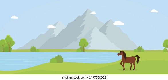 Wild nature reserve flat vector illustration. Beautiful countryside landscape, scenic panorama with mountains, lake and brumby. Horse farm, national park, purebreed mare, stallion on green meadow