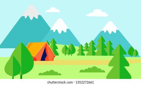 Wild Nature Rest, Camping Flat Vector Illustration. Scenery with Mountains, Forest, Fir trees. Open air Picnic, Hiking, Trekking. Mountains Landscape, Natural Recreation, Holiday Trip, Traveling Alone