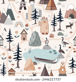 Naturaleza salvaje patrón sin fisuras. Bosque, montañas, tipi y canoa indios, casas y animales. Antecedentes para tarjetas de aventura, preescolar y decoración de habitaciones para niños. Vector.