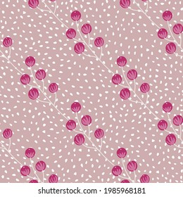 Wild nature seamless pattern with simple pink berries silhouettes. Lilac pale background with dots. Designed for fabric design, textile print, wrapping, cover. Vector illustration.