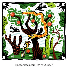 Naturaleza salvaje. Serpiente y pájaros en el árbol. Ilustración de grabado de cordel brasileño del noreste.