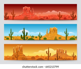Wild nature tranquil desert mexican landscape banners with sunrise or sunset, cactus and mountain silhouettes. Vector illustration