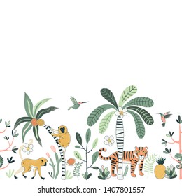 Wild nature vector color horizontal seamless pattern. Jungle fauna, rainforest background. Flying colibri, tiger and monkey. Exotic plants. Decorative animal textile, wallpaper, wrapping paper design