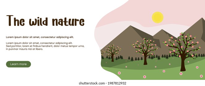 Banner horizontal del vector de naturaleza silvestre para el sitio web de viajes. Fondo del concepto de camping rosa. Florencia en árboles, hierba verde y paisaje montañoso.