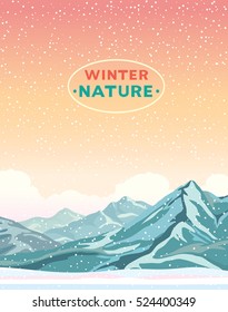 Wild nature vector illustration - winter landscape with blue mountains and snowdrifts on the snowfall background.
