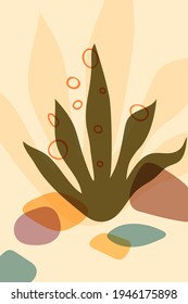 Wild nature vector poster, minimalistic boho style, hand drawn transparent shapes of cactus plant, stone shapes in lilac, orange, multicolor palette, light yellow background.
