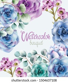 Wild nature watercolor flowers bouquet vector. Delicate postcard