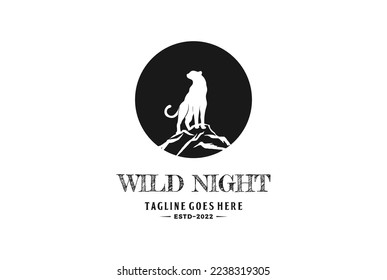 Wild Night Jaguar Tiger Leopard Cheetah Puma Panther Standing on the Mountain Hill Logo Design