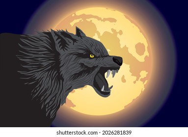 Wild night wolf head howls for a full moon. Wildlife animal. Realistic illustration vector game icon, item. Isolated on background.