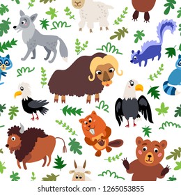 Wild North America animals seamless pattern. American cute drawing animal in flat style isolated on white. Including coyote, musk ox, raccoon, skunk, snow goat, American eagle, bald eagle, bison