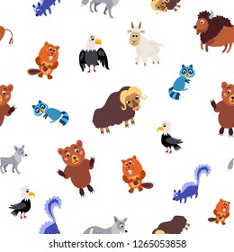 Wild North America animals seamless pattern. American cute drawing animal in flat style isolated on white. Including coyote, musk ox, raccoon, skunk, snow goat, American eagle, bald eagle, bison