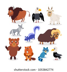 Wild North America animals set in flat style isolated on white background. Including coyote, musk ox, raccoon, skunk, snow goat, American eagle, bald eagle, buffalo, bison, bull, beaver, Grizzly bear