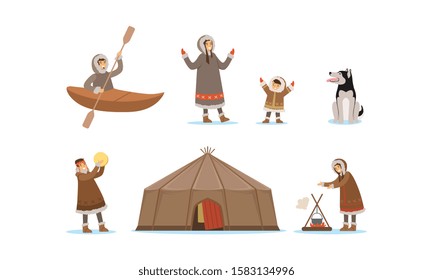 Wild North Arctic People and Animals Vector Illustrations Set