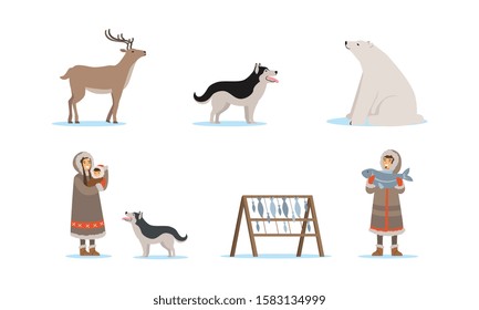 Wild North Arctic People and Animals Vector Illustrations Set