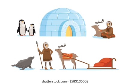 Wild North Arctic People and Animals Vector Illustrations Set