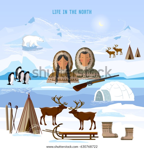 Wild north arctic\
people in traditional eskimos costume and arctic animals. Life in\
the far north. Reindeer, polar day and polar night. Extreme journey\
to Alaska 