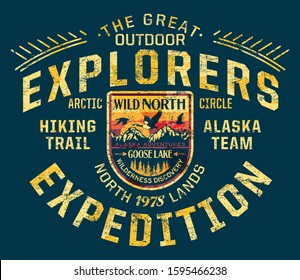 Wild north discovery expedition vintage vector artwork for boy t shirt  ,grunge effect in separate layers