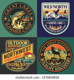 Wild north wildlife vintage outdoor adventure vector badge collection