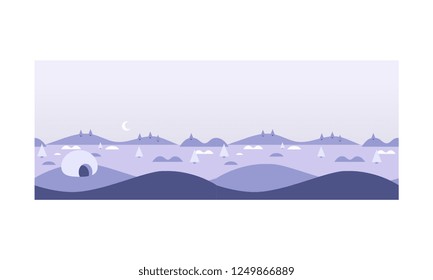 Wild northern landscape, igloo eskimo people house, North Pole vector Illustration