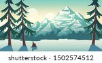Wild northern nature, Canada or Alaska national park landscape with sun disk rising at morning from upon mountains range, pine forest at rocks foot, spruces in foreground cartoon vector illustration