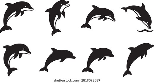 Wild ocean dolphins jumping and swimming aquatic mammal silhouettes set