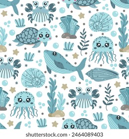 Wild ocean life seamless vector pattern. Sea animals - blue whale, cute turtle, funny jellyfish and crab. Underwater reef pets among seaweed, shells, corals, starfish. Hand drawn marine background