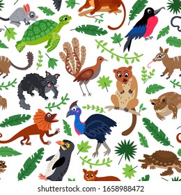 Wild Oceania animals seamless pattern in flat style isolated on white background. Oceania and Australia animals. New zealand wildlife.