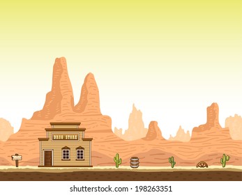 Wild, old west canyon background with drug store