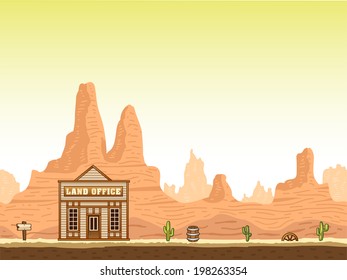 Wild, old west canyon background with land office