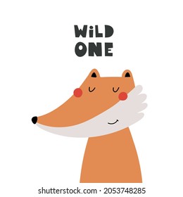 wild one. cartoon fox, hand drawing lettering. colorful vector illustration for kids. baby design for print on t-shirt, card, poster