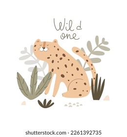 wild one. cartoon leopard, hand drawing lettering. flat style, colorful vector for kids. baby design for cards, poster decoration, print