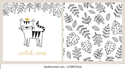 Wild One. Hand Drawn Baby Card With Tiger In A Crown And Jungle Pattern. Doodle Jungle Seamless Background. Kids Tiger Animal Character. Baby Poster, Nursery Wall Art, Card, Invitation, Birthday.