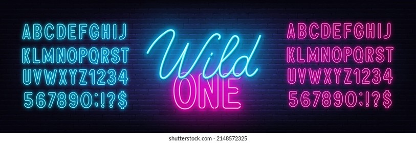 Wild One neon lettering on brick wall background.