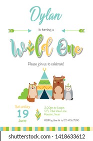 Wild One Woodlands Animals with Tribal Invitation Card for boys birthday