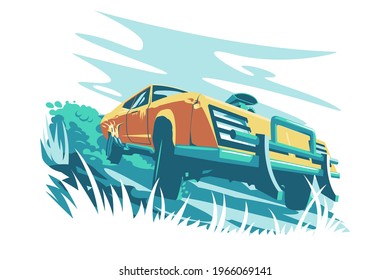 Wild orange fast car vector illustration. Cool new car stuck in mud flat style. Fast luxury automobile in nature landscape. Transport and comfort concept. Isolated on white background
