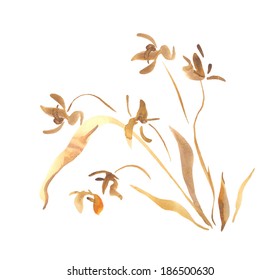 Wild Orchid flower watercolor painting. Decorative floral art. Original Chinese style aquarelle drawing on white background