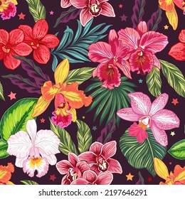 Wild orchids in the jungle forest. Seamless pattern with hand drawn illustrations with tropical theme