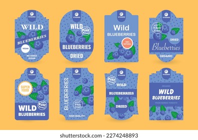 Wild organic blueberries package sticker design template set vector illustration. Natural blue berries superfood fruit vitamin ingredient diet dessert sticker delicious food pack advertising emblem