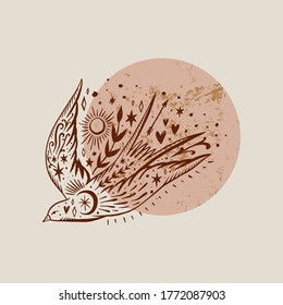 Wild ornate bird. Swallow moonchild. Modern gypsy concept. Love symbol. Harmony and zen. Crescent moon magic symbols. Vector illustration.