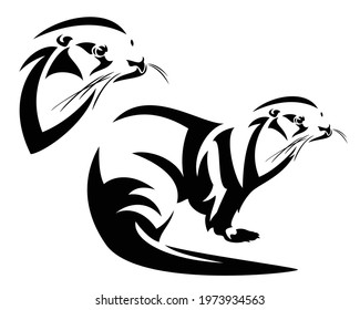 wild otter black and white vector outline - kalan head and side view portrait design