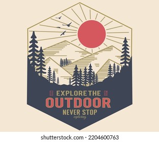 Wild outdoor explore vector t shirt design. Vintage wild life graphic print artwork.